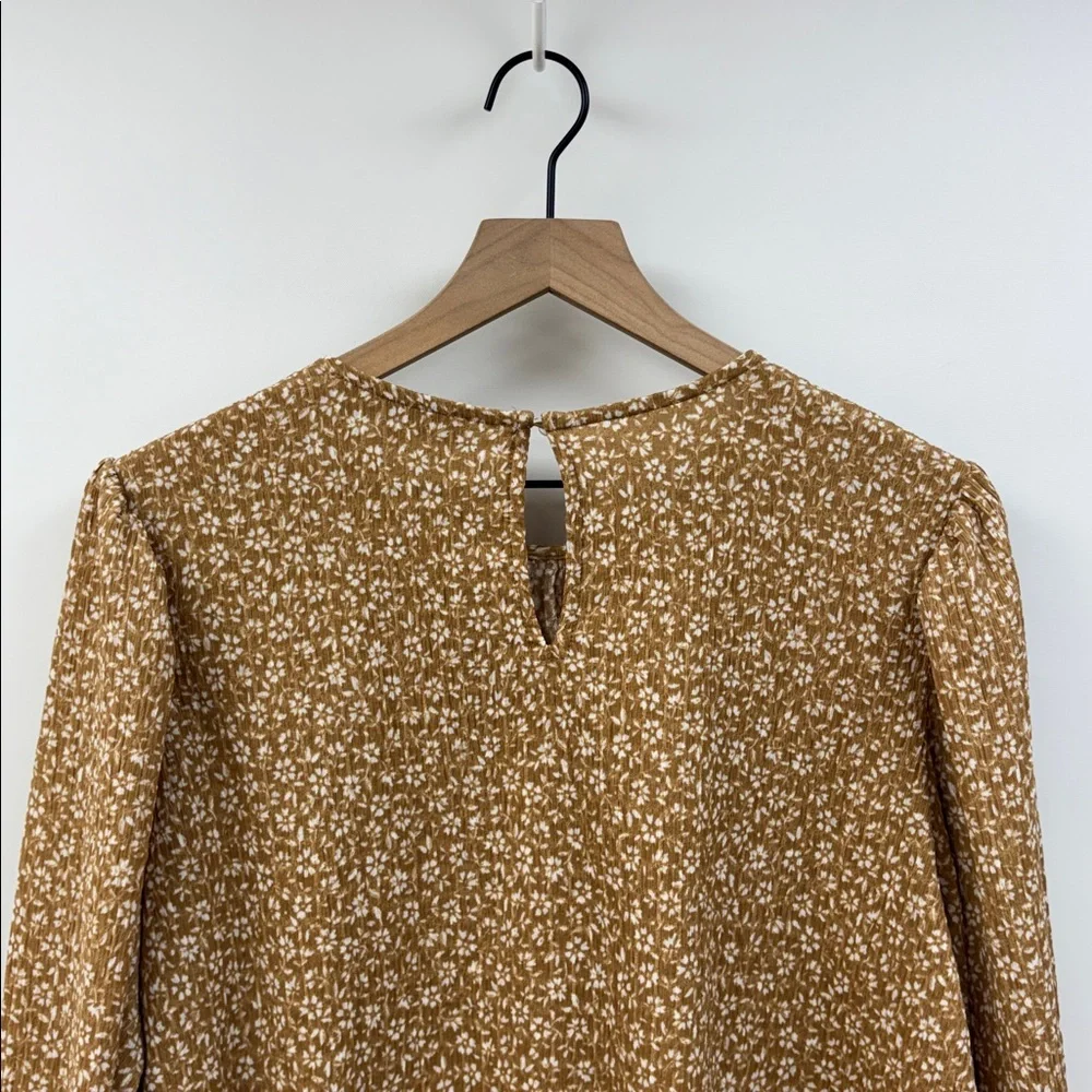 Ann Taylor LOFT Floral Woven Gauze Puff Sleeve Peasant Popover Blouse Tan Large